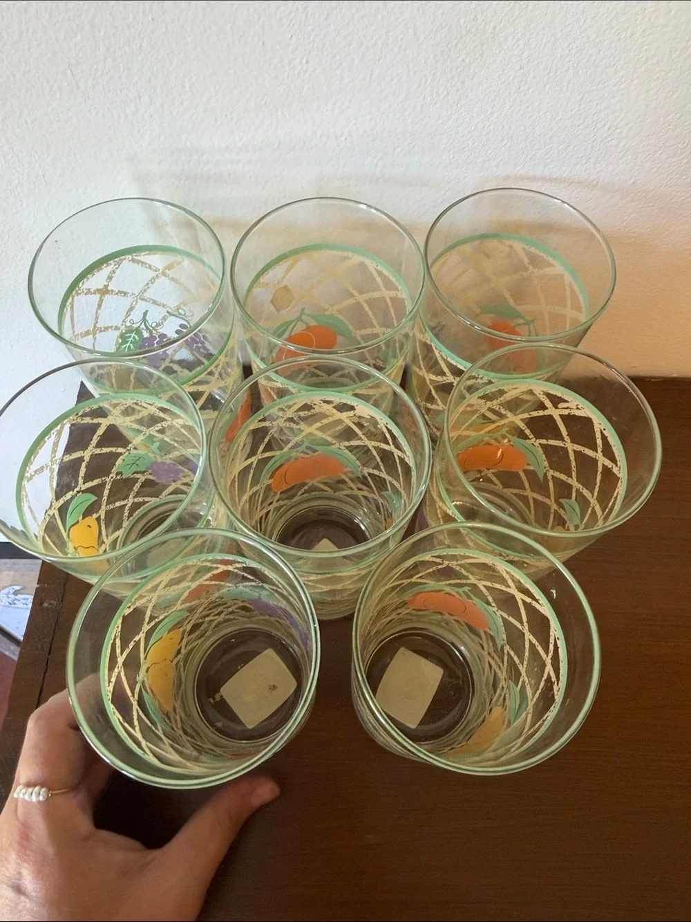Libbey Vintage Fruit-Patterned Tall Drinking Glasses - Teal & Yellow (Set of 8)